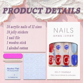 4th of July Press on Nails Independence Day Star Stripe Designs Short Almond Fake Nails Red Blue Glossy False Nails Artificial Nails Full Cover Small Stick on Nails for Women Girls Nail Accessories