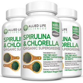 Allied Life Spirulina and Chlorella | Organic Chlorophyll Vegan Protein Powder Green Superfood Capsules | Natural Immune Support (3 Bottle Pack)