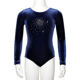 Long Sleeve Nicki Velvet Leotard in Dark Blue with Hotfix Rhinestones Size 140