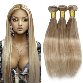 QEUOPE Honey Blonde Highlight Straight Bundles Human Hair P27613 Two Tone Blonde and 613 Bundles Double Weft Brazilian Hair Extensions for Women 8 10 12 inch