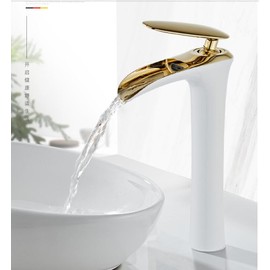 Bathroom Basin Mixe White Gold Finished Sink Faucet Single Handle Waterfall Vintage Wash Hot and Cold Mixer Tap Crane Brass(Yellow)