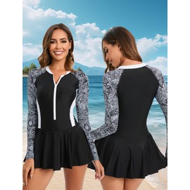 KEOYA UPF 50+ Modest Swimsuits Dress Zipper Bathing Suit Skirt with Short Women Long Sleeve One Piece Rash Medium
