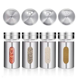 Set of 4 Spice Shakers, Stainless Steel Spice Jars, Kitchen, Spice Shakers, Camping, Spice Jars, Round with 3 Different Hole Sizes for Salt, Black Pepper, White Pepper, Sugar