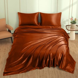 VACVELT 4pcs Rust Orange Satin Sheets King Size Bed Set, 15 Inch Deep Pocket Silky Satin Sheet Set, Soft Satin Bedding Set Cooling & Luxury Bed Sheets, 1 Fitted Sheet + 1 Flat Sheet + 2 Pillowcases