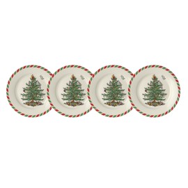 Spode Christmas Tree Collection Appetizer Plates, set of 4, Candy Cane Border, Use for Dessert, Appetizers, or Salad, Measures at 8-Inches, Dishwasher and Microwave Safe