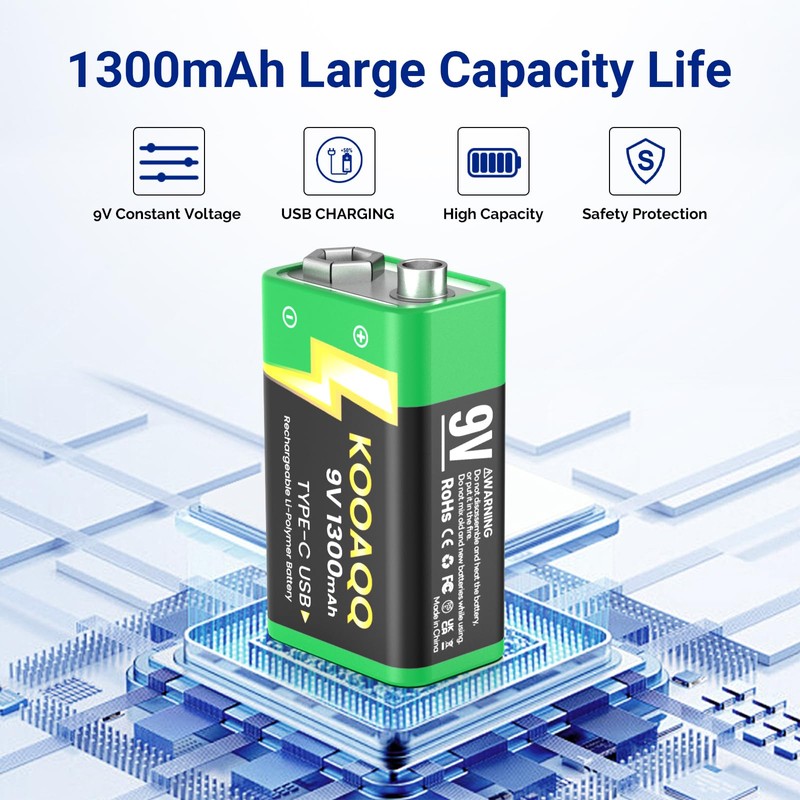 KOOAQQ 2-Pack Rechargeable 9v Batteries, USB-C Recharge with 2 in