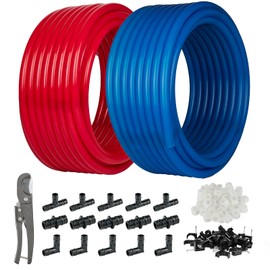 1/2 Inch HeSun PEX-A Pipe, 2x100FT Pex-a Tubing with 1/2" 15PCs PPSU Expansion Fittings & 50PCs Pex Expansion Rings, 50PCs J-Clamp, Pipe Cutter,200 Feet in Red&Blue(112)