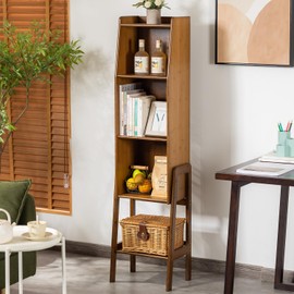 ABAMFUR 4-Tier Bamboo Bookshelf - Wood Bookcase Organizer with Open Shelves for Living Room & Home Office-Walnut Large