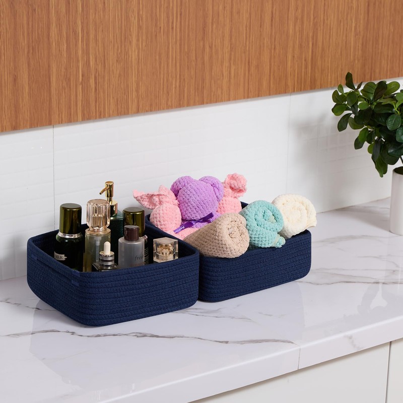MiniArk Small Square Shallow Baskets for Organizing, 9.7x9.7x4.3 Inch Rope