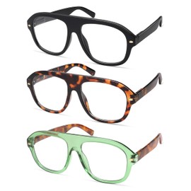 AMOMOMA 3 Pack Retro Blue Light Aviator Reading Glasses for Women Men,Oversized Large Computer Reader Frame AM6163 C1+C2+C5 2.00