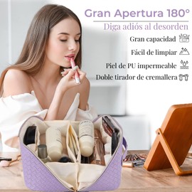 Cosmetiquera de Viaje de Gran Capacidad - Bolsa de Maquillaje de Cuero PU Impermeable con Asa y Separadores, Bolsa Organizadora de Cosmeticos, Neceser de Viaje para Mujer Portátil (Morado)