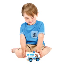 Bino Holzauto Polizei, Spielzeug für Kinder ab 12 Monate, Kinderspiel (Holzspielzeug mit Reifen, robustes Material, Motorikspielzeug zur Förderung kindlicher Fähigkeiten, Spielzeug aus Holz), Blau