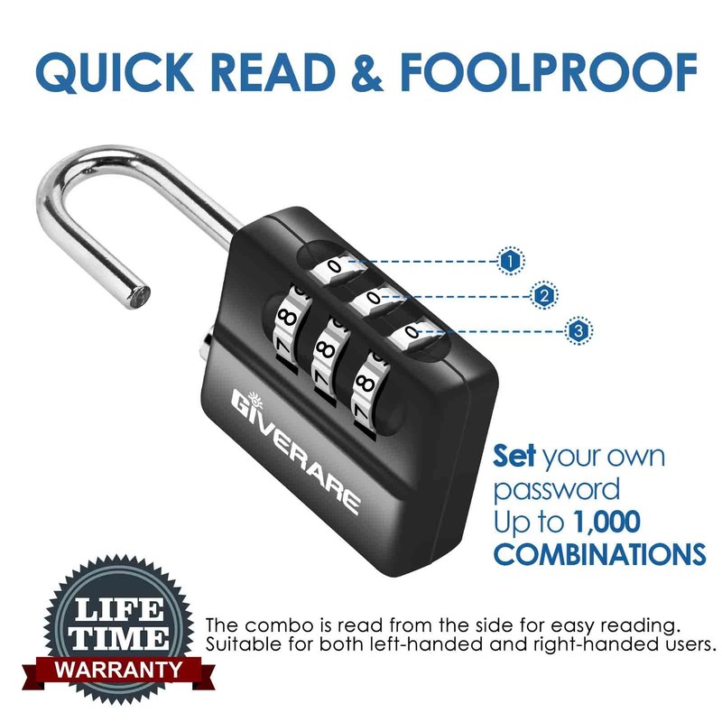 GIVERARE 4 Pack Combination Lock, 3-Digit Padlock Keyless, Resettable Luggage