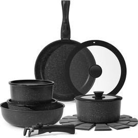 SODAY 15pcs Pots and Pans Set Non Stick, Cookware Sets with Detachable Handle, Nonstick RV Kitchen Cooking Set Removable Handles, Oven Safe,Stackable - Color: Black