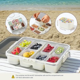 Divided Serving Tray with Lid and Handle - Snackle Box Charcuterie Container for Portable Snack Platters - Clear Organizer for Candy, Fruits, Nuts, Snacks - Perfect for Party, Entertaining