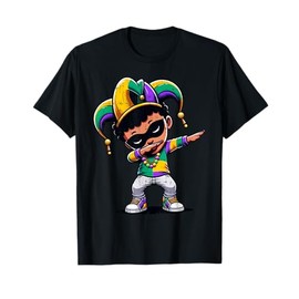 Mardi Gras Dabbing Boy Black Funny Outfit Jester Hat Kids T-Shirt