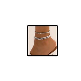 Clataly Cuban Anklet Bracelets Double Layer Crystal Anklets Beach Foot Jewelry for Women (Silver)