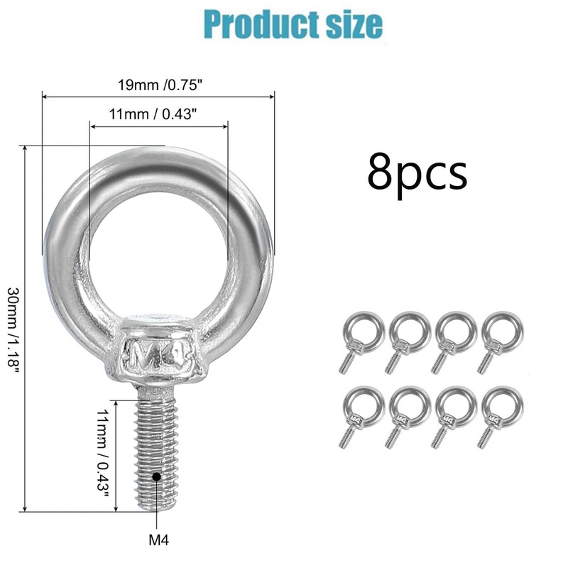 M4 Ring Bolts Eye Bolts (8x) Stainless Steel Eye Bolts