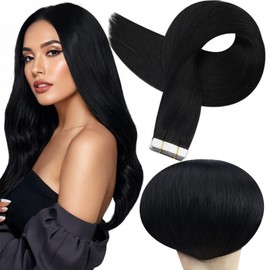 Full Shine Jet Black Hair Extensions for Women 10 Inch Tape in Human Hair 20 Pieces Tape in Real Remy Glue ins Extensions 30 Grams