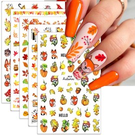 IDDFEVE Fall Fox Nail Art Stickers, Thanksgiving Day Nail Decals, 3D Self-Adhesive Maple for DIY Nail Supplies Decoration (6 Sheets)