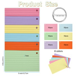 300 Sheets Colored Portable Index Cards 3x5 inches，Ruled Index Cards with Ring Lined Flashcards，flash cards for studying，Office School and Home（Six Colors，Each Color 50 Sheets Per Package）