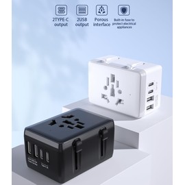 Universal International European EU,US,AU,UK Travel Power Plug Adapter,2 USB 2 Type-C 3.5A Small Size,Built-in Fuse,Worldwide Compatible MAX Load 1800w Black Color