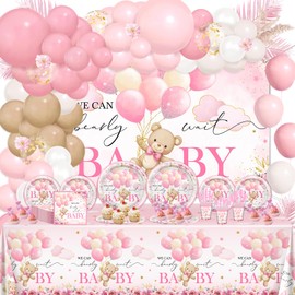 Lecheme 270 Pcs Pink Bear Baby Shower Decorations for Girl: We Can Bearly Wait Baby Banner Disposable Plates Napkins Cups Tablecloth Balloons, Serve 24
