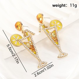 Funny Cocktail Yellow Cubic Zirconia Statement Dangle Drop Earrings for Women Dainty Gold Plated Goblet Lemon Juice Crystal Mojito Martini Dangling Lightweight Hypoallergenic Fashion Trendy Jewelry for Party Her Xmas
