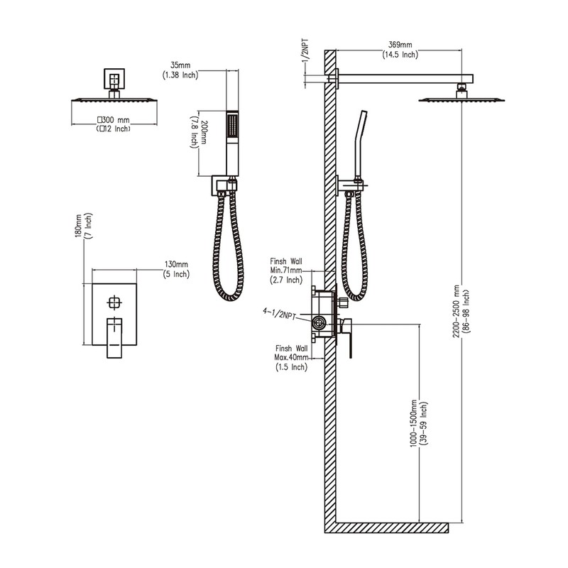 Black shower faucet set, Rain shower Head with Handheld Spray,