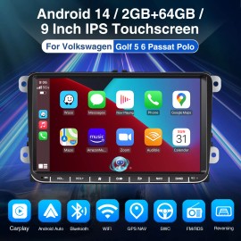 ESSGOO 9" 2+64G CarPlay Car Stereo Android 14 Radio GPS for VW Golf MK5 6 Passat Jetta