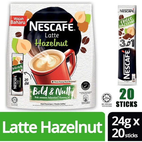 Malasia Best Brand NESCAFE Premix Latte Hazelnut/Smooth Creamy Aromatic Nutty Sabor (20 varillas x 24 g)