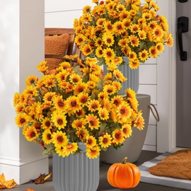 Funsdecor Artificial Mums(1set 5 Bunchs),Artificial Sunset Mums,Lifelike Artificials Outdoor Sunset Mum Flowers,UV Resistant, Waterproof, Windproof,Autumn Fall Decor,Look Real, Full (Yellow)