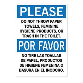 Please: Do not Throw Paper or Trash in Toilet, Bilingual Sign, 3.5 X 5 Inch, Black/Blue on White, Self-Adhesive Vinyl Sticker