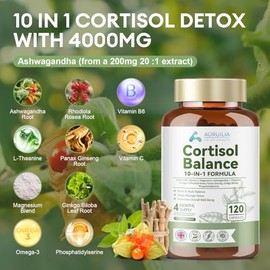 Cortisol Reducing Supplements, 10 in 1 Cortisol Detox & Blocker with 4000mg High Strength Ashwagandha, Magnesium Blend, L-Theanine, Omega-3 Fatty Acids for Mind & Body Balance, 120 Capsules