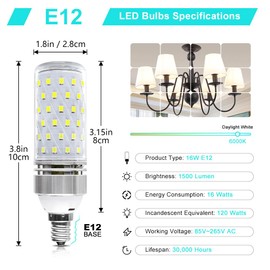Super Bright E12 LED Bulbs, 16W 1500LM E12 Bulb, Daylight White 6000K Lights, CRI80+, 120W Incandescent Bulb Equivalent, E12 Base Non-Dimmable LED Lamp, Pack of 12