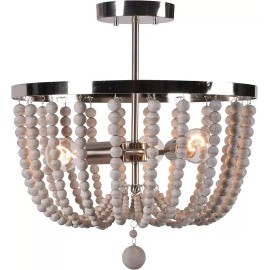 Kenroy Home Dumas 16 in, Brushed Steel 3-Light Distressed Wood Bead Semi-Flush