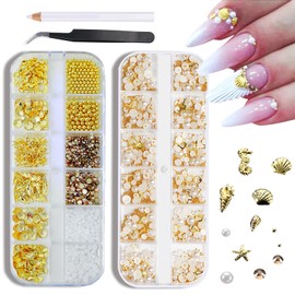 SILPECWEE 4000Pcs Summer Nail Charms and Pearls, 3D Steel Beach Studs Metal Gold Nail Beads Seashell Starfish Nail Rhinestones Pearl Crystal Ocean Theme Manicure Design Supplies for Women