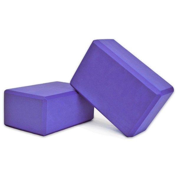 YogaAccessories High Density and Lightweight Foam Yoga Blocks - Strength and Flexibility Aid (Set of 2) - 9"x6"x4", Purple