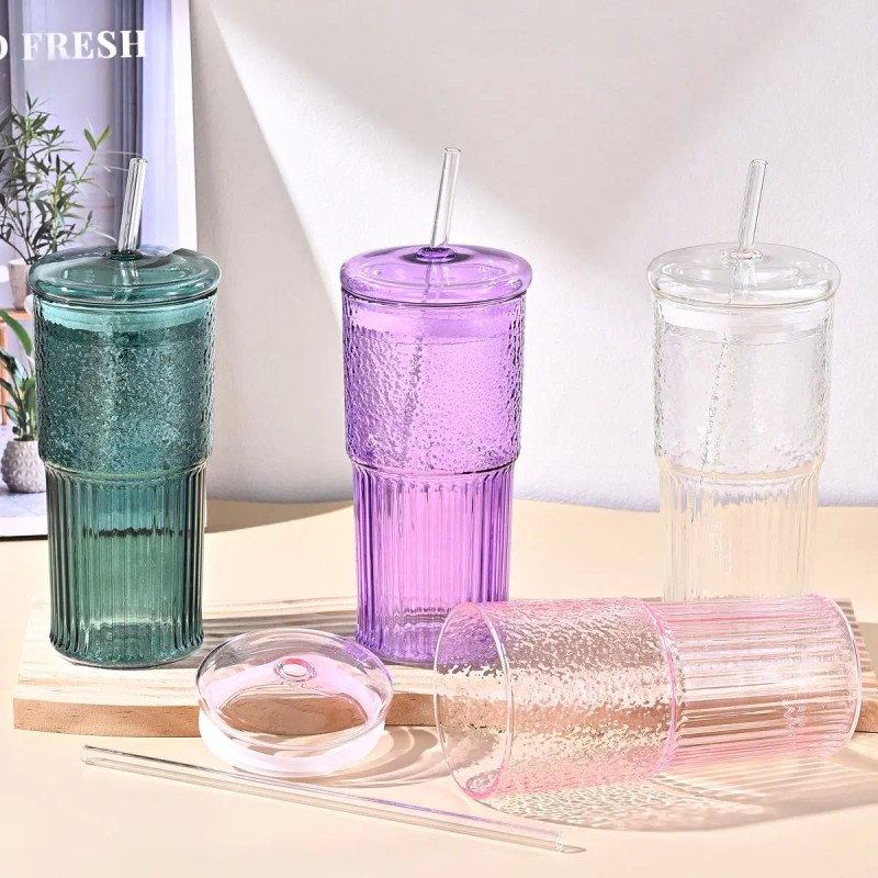 20 oz 2-pack Green Glass Straw Cup with Vertical Pattern