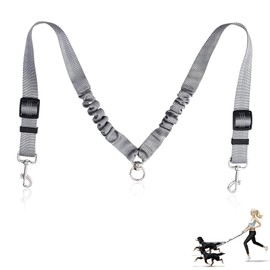 Double Dog Lead Split Double Dog Leash Coupler Reflective Dual Dogs Lead No Tangle Adjustable Bungee Dual Leash for Dogs with 360° Swivel Rotation (Grey)