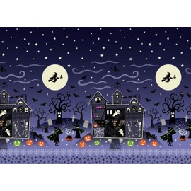 Lewis & Irene Haunted House Haunted House Double Border Print Glow in The Dark Spooky Blue Fabric by The Yard