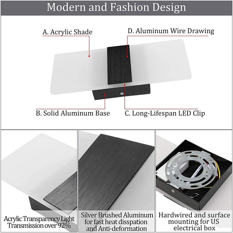 Dimmable Wall Sconce Modern, LIGHTESS Indoor Wall Lamp Black 12W