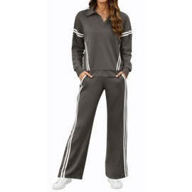 SHESHOW 2 Piece Lounge Set Women Matching Track Suits 2-Stripes Wide Leg Pants with Pockets Sweat Suits for Womens Grey XXL