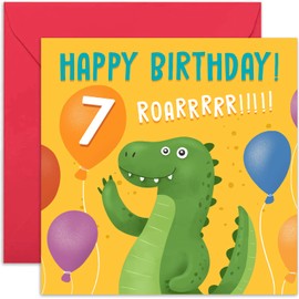 Dinosaur Birthday Card for Boy or Girl - 7th Children Birthday Card - T Rex Seventh Birthday Card - Age Seven - Birthday Card for Son, Daughter, Niece, Nephew, Grandchild | Blank Inside Envelope