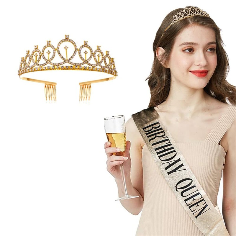 Birthday Crowns Sash Gold Crystal Tiara for Birthday Party Women