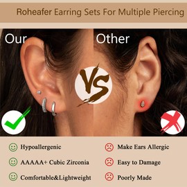 Roheafer 3 Pairs of Earrings Gold Silver Set 14K Gold-Plated Earrings Small Earrings Hoop Earrings Set Hypoallergenic Stud Earrings Zirconia Cartilage Stud Earrings for Women, Copper, Cubic Zirconia