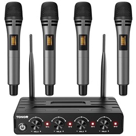 TONOR Microfono Inalambrico, 4x10 Canal UHF Micro, Micrófono Dinámico de Mano con Receptor, Multiset Operación, 60m Ideal para Karaoke Canto, Boda, Iglesia, reunión, Plata, PA, Amplificador