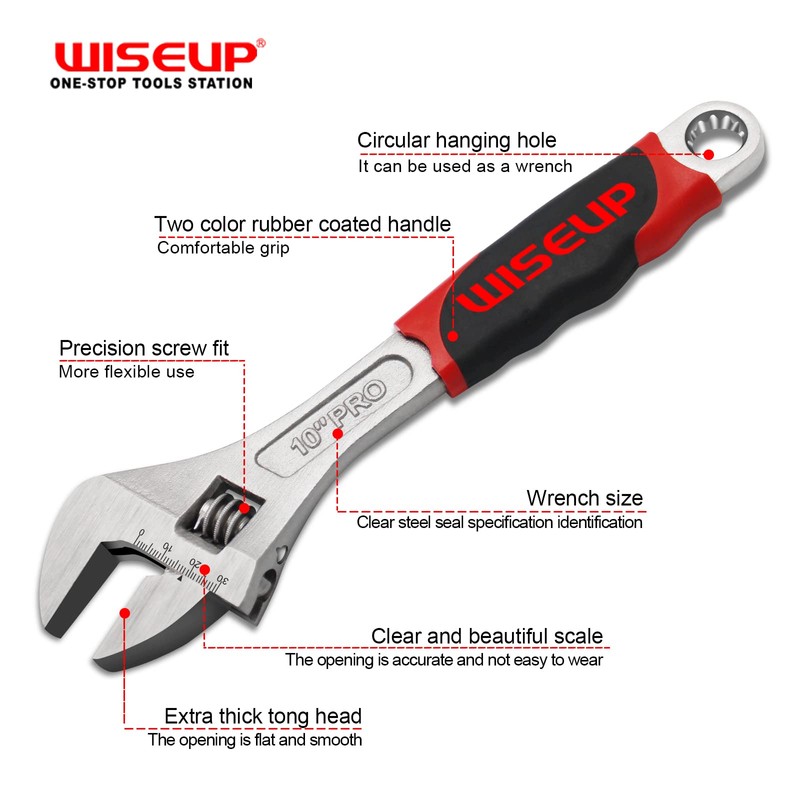 WISEUP Adjustable Spanner Adjustable Cr-V Forged Large Opening Wrench, TPR