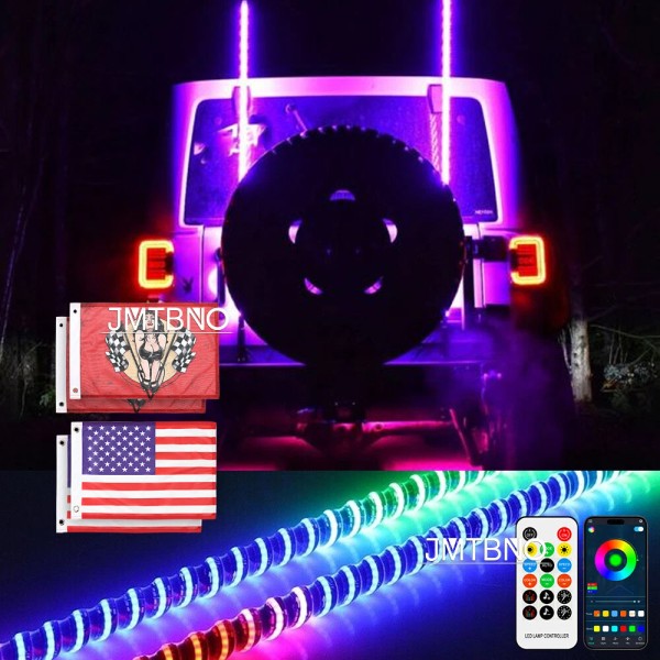 JMTBNO 2x 3FT COB LED RGB Spiral Chasing Whip Lights+Remote