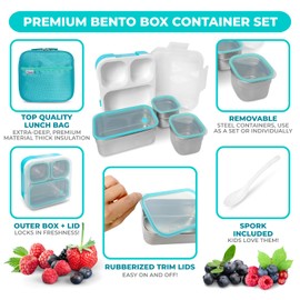 kinsho Stainless Steel Bento Lunch Box Set for Adults, Kids - Insulated Bag - Leak-Proof Metal Compartment Meal Prep Food & Snack Containers for Work Travel School Daycare 24 oz Baby Teal Blue